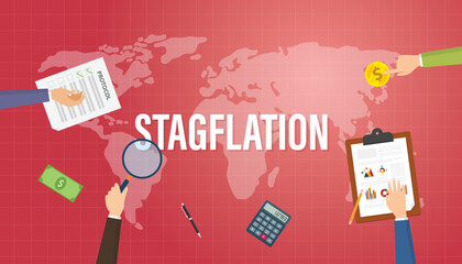 stagflation concept with people hand on top of the table with red background and modern flat style