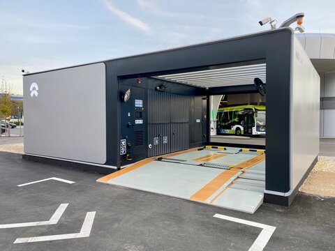 The first battery changing station of the NIO brand electrical car to be opened in Germany at the Sortimo charging park in Zusmarshausen near Augsburg, Germany.
