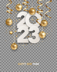 Happy new year 2023. White paper numbers with golden Christmas decoration and confetti, isolated on transparent background. Holiday greeting card design. - obrazy, fototapety, plakaty