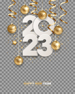 Happy new year 2023. White paper numbers with golden Christmas decoration and confetti, isolated on transparent background. Holiday greeting card design.