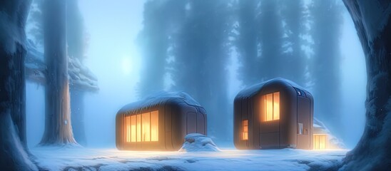 Fantasy winter tree house in the snow, cold, abstract fantasy landscape, trees, snowdrifts, snow, capsule house.