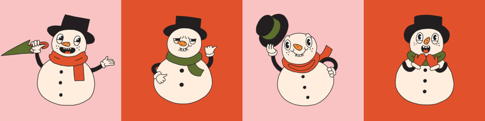 Christmas set Snowman mascot character, retro 30s cartoon . 40s, 50s, 60s old animation style. Different emotions and face expressions. Vintage comic merry Christmas collection. Isolated flat vector