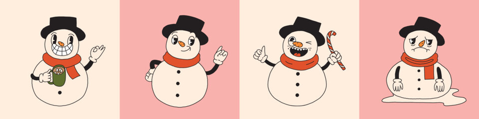 Christmas set Snowman mascot character, retro 30s cartoon . 40s, 50s, 60s old animation style. Different emotions and face expressions. Vintage comic merry Christmas collection. Isolated flat vector