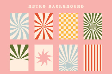 Groovy hippie 60s backgrounds. Fun cartoon hypnotic, rays, lollipop, stripes, chess. Vector posters in trendy retro psychedelic style. Merry Christmas vector backgrounds. Vintage old style, 30s, 40s