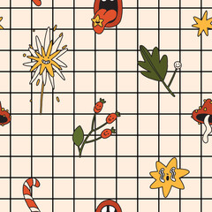 Merry Christmas retro floral seamless pattern, 30s cartoon style. Flowers, mushroom, stars elements 50s, 60s old animation. Vintage comic vector. Beautiful trendy wrapping paper seamless repeat swatch