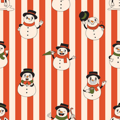 Merry Christmas retro holiday seamless pattern with snowman characters, 30s cartoon style. 50s, 60s old animation. Vintage comic vector. Beautiful trendy wrapping paper seamless repeat swatch