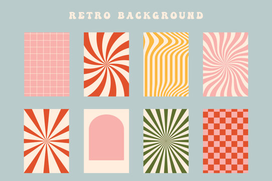 Groovy hippie 60s backgrounds. Fun cartoon hypnotic, rays, lollipop, stripes, chess. Vector posters in trendy retro psychedelic style. Merry Christmas vector backgrounds. Vintage old style, 30s, 40s
