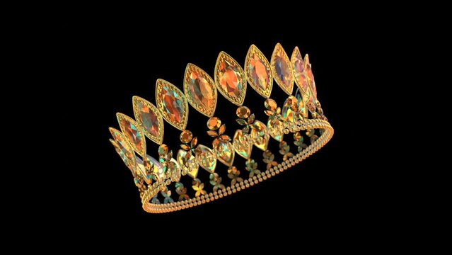 Golden crown with brilliants rotates on black background 3D 4K looped animation. Sparkling royal corona with gems