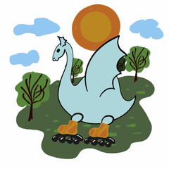 dinosaur on roller skates,dragon,snake,lizard,pattern print,textiles,children's print,emerald dragon,dragon with wings,dragon goes in for sports rides a bike, sports