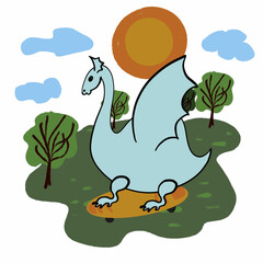 dinosaur on a skateboard,dragon,snake,lizard,pattern print,textiles,children's print,emerald dragon,dragon with wings,dragon goes in for sports rides a bike, sports