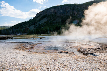 View of smoke emitting from hotspring amidst geothermal landscape. Erupted geyser in forest at Yellowstone national park. Famous tourist attraction with sky in background during summer.
