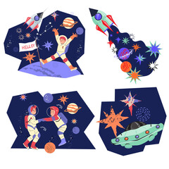 Kids astronauts in space banners or stickers collection, flat cartoon vector illustration isolated on white background. Children exploring outer space and rockets set.