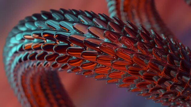 Metallic colorful snake body moves close-up on red background 3D 4K looped animation