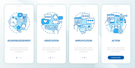 Obraz na płótnie Canvas Types of social media engagement blue onboarding mobile app screen. Walkthrough 4 steps editable graphic instructions with linear concepts. UI, UX, GUI template. Myriad Pro-Bold, Regular fonts used