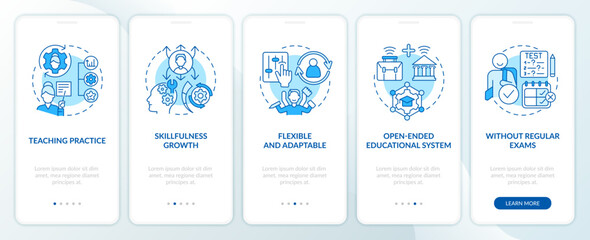Advantages of non formal education blue onboarding mobile app screen. Walkthrough 5 steps editable graphic instructions with linear concepts. UI, UX, GUI template. Myriad Pro-Bold, Regular fonts used