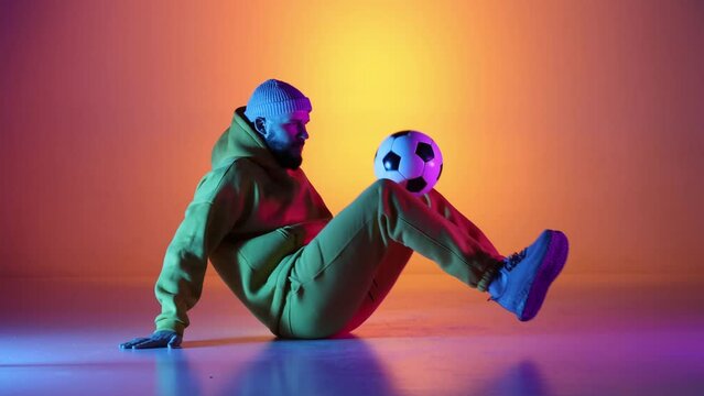 Caucasian professional soccer player practicing with football ball juggling on legs, neon light. Studio shoot of professional football man, guy dressed in modern urban youth clothes. Freestyle