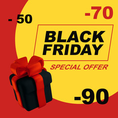 Black Friday sale square background for social media. 3D gift with bow in black box. Vector illustration