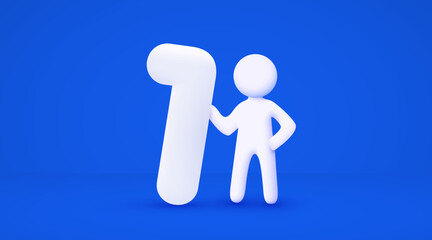 3d white cartoon man holding big number 1. Number One. Isolated blue background.