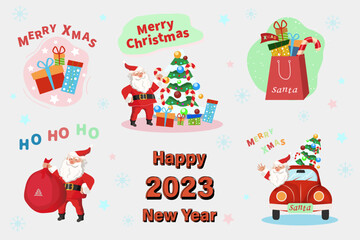 Christmas collection flat illustration set. Santa Claus rides in a car, decorates a Christmas tree, a bag with gifts, the inscription Happy New Year 2023