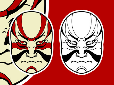 Big Japanese white mask elements isolated on red background.