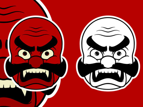 Two red white Japanese mask elements isolated on red background.