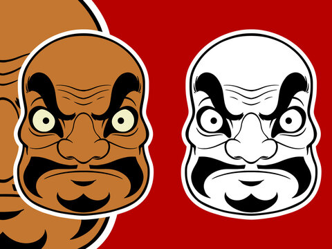 Two brown white Japanese mask elements isolated on red background.