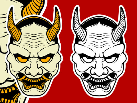 Two scary white Japanese mask elements isolated on red background.