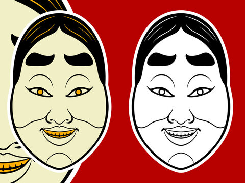 Two traditional Japanese mask elements isolated on red background.