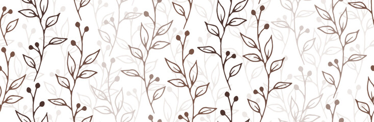 Berry bush twigs natural vector seamless ornament. Cozy floral graphic design. Greenery plants leaves and blossom illustration. Berry bush sprigs spring seamless design