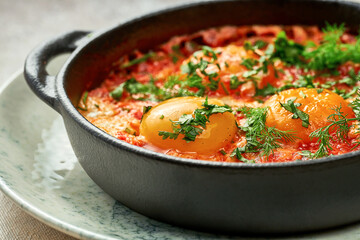 Israeli scrambled eggs shakshuka with tomatoes and onions. Close-up, selective focus