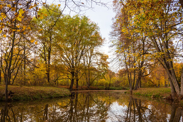 Fototapeta na wymiar Beatuful vivid colorful autumn landscape reflecting at the river