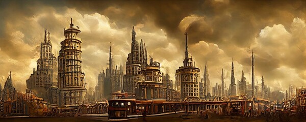 Fototapeta na wymiar Sci Fi steampunk futuristic cityscape illustration with a dramatic sky. Scene with futuristic skyscrapers and steampunk elements. 3D illustration. Great as a background or for use in art projects!