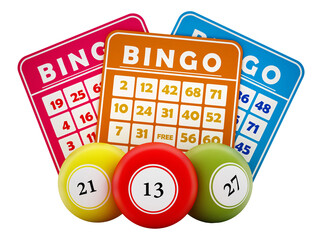Bingo balls and cards on transparent background.