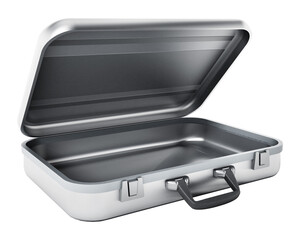 Open metal briefcase on transparent background.