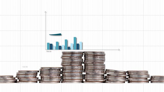 Business concept with a pile of coins and a bar graph. Rising curve arrows. Financial investment or economy trends business idea. 

