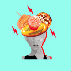Contemporary digital collage art. Lady and calory food. Diet, calorie, food addiction concept