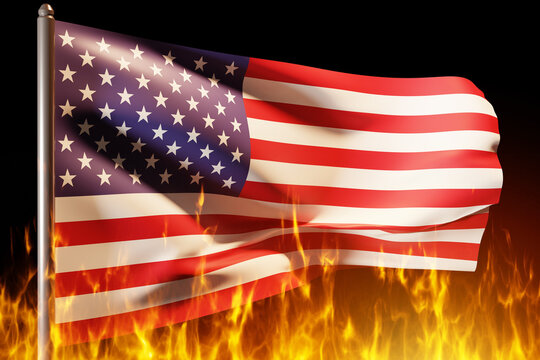 US flag. Flame under banner America. Burning US political symbol. Flame under developing flag. Concept political and economic crisis in US. Metaphor for problems in United States of America. 3d image