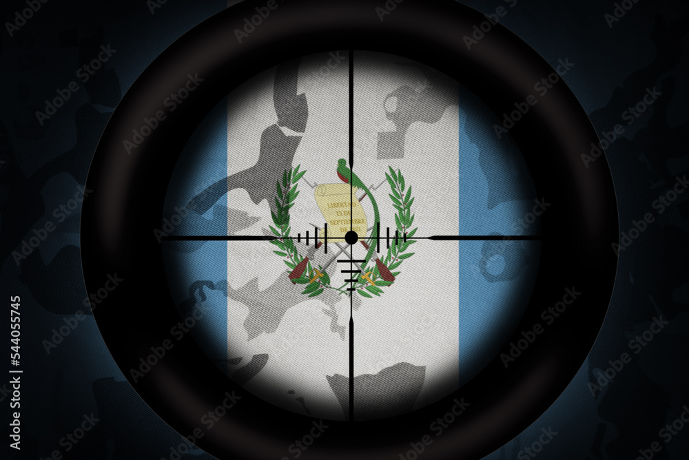 Wall mural sniper scope aimed at flag of guatemala on the khaki texture background. military concept. 3d illustration