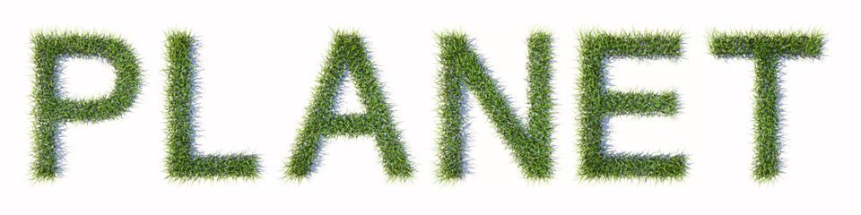 Concept or conceptual green lawn grass forming the word  PLANET isolated on white background. 3d illustration metaphor for nature, ecology and environment, renewable energy, sustainable growth