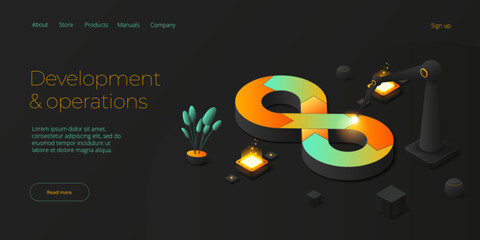 Obraz premium Web development or devops concept in isometric vector design. Developing of internet app or online website service. Creative vector illustration. Web banner layout template
