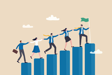 Teamwork to success together, employee career path or partnership support to help business growing, team collaboration or mentor and training concept, business people help team climbing growth chart. - obrazy, fototapety, plakaty