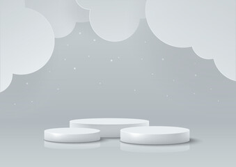Three White Realistic Podiums on Grey Background with Paper Cut Clouds. Horizontal Banner. Vector Illustration.