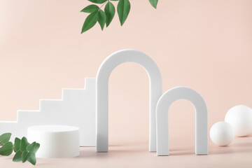 Abstract background with various geometrical forms and podiums in pastel color for product presentation © Natalia Klenova