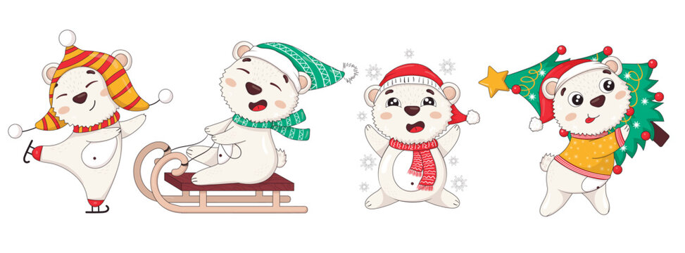 Collection of cute cartoon new year polar bears in winter clothes with christmas tree, skating, sledding, catching snowflakes