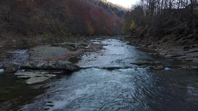 Bright shallow mountain river in autumn.
