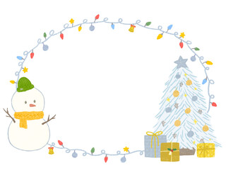 Christmas illumination frame Snowman and tree and gifts cute hand drawn illustration / クリスマスのイルミネーションフレーム ゆきだるまとツリーとプレゼント かわいい手描きイラスト