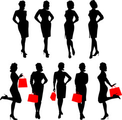 female silhouette in a dress and heels, holding a red package, vector