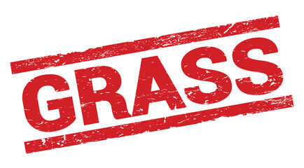 GRASS text on red rectangle stamp sign.