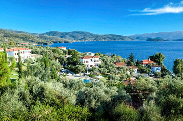 Fototapeta na wymiar Idyllic vacations on Pelon mountain Houses with view to the sea in Horto village. Greece