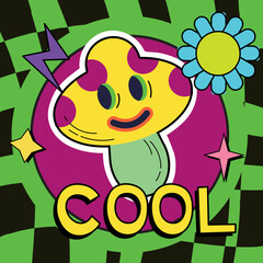 Funny cute magic psilocybin mushroom t-shirt print design. Cool quote slogan. Vector hand drawn trendy cartoon character illustration. Mushroom trippy print for t-shirt,poster,sticker concept EPS